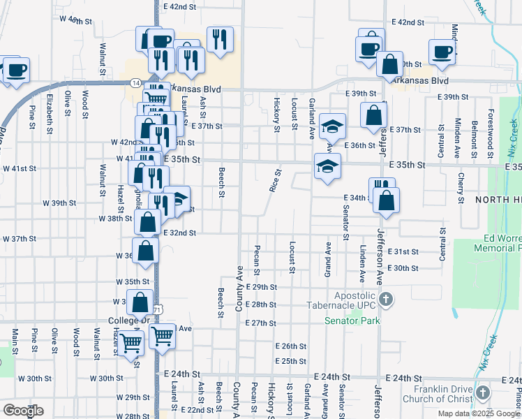 map of restaurants, bars, coffee shops, grocery stores, and more near 3307 Rice Street in Texarkana