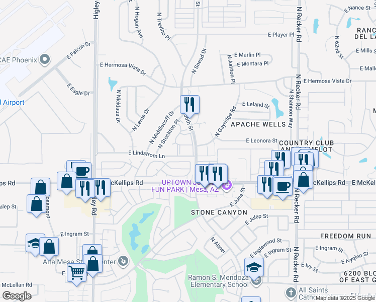 map of restaurants, bars, coffee shops, grocery stores, and more near 5518 East Lindstrom Lane in Mesa