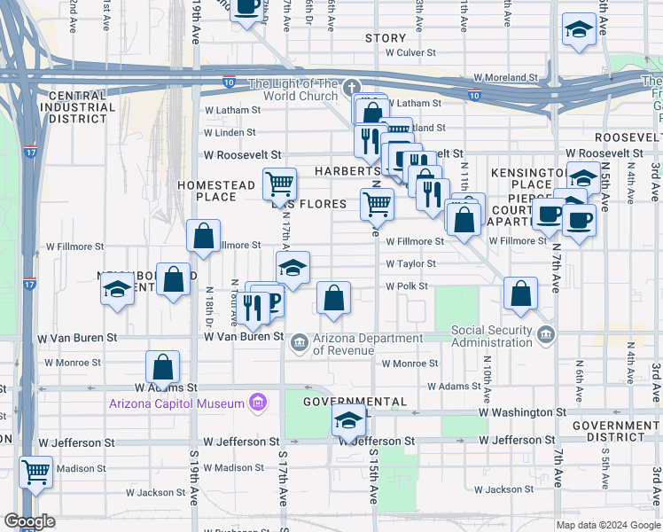 map of restaurants, bars, coffee shops, grocery stores, and more near 505 North 16th Avenue in Phoenix