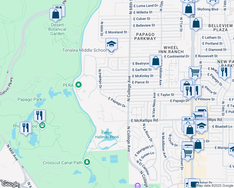 map of restaurants, bars, coffee shops, grocery stores, and more near 209 East Fillmore Street in Tempe
