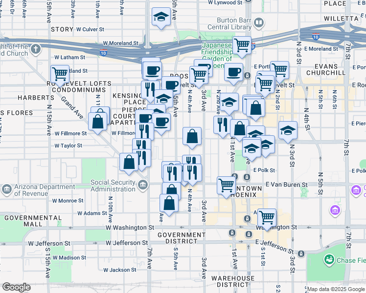 map of restaurants, bars, coffee shops, grocery stores, and more near 378 North 5th Avenue in Phoenix