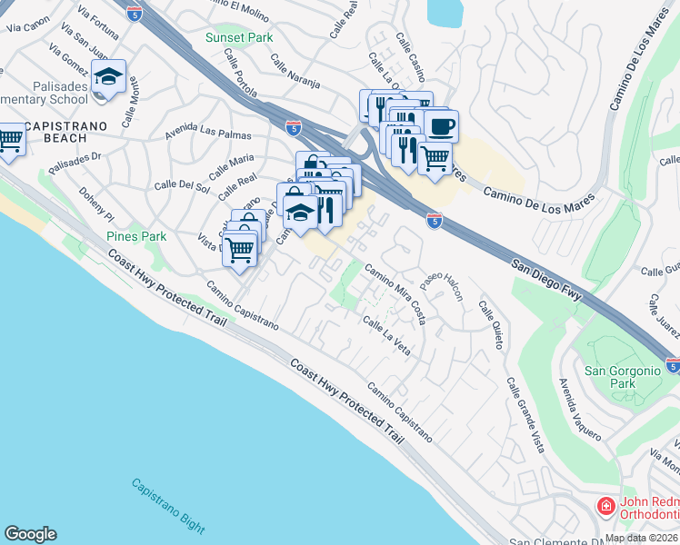 map of restaurants, bars, coffee shops, grocery stores, and more near 376 Plaza Estival in San Clemente
