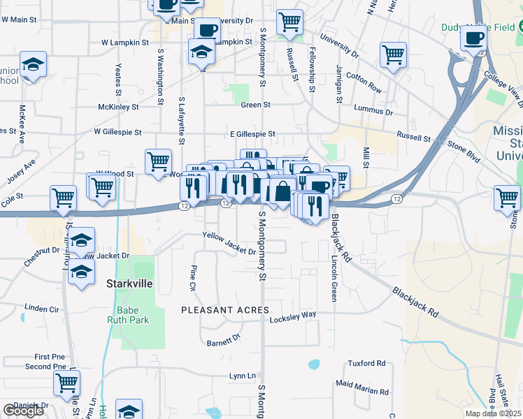 map of restaurants, bars, coffee shops, grocery stores, and more near 606 South Montgomery Street in Starkville