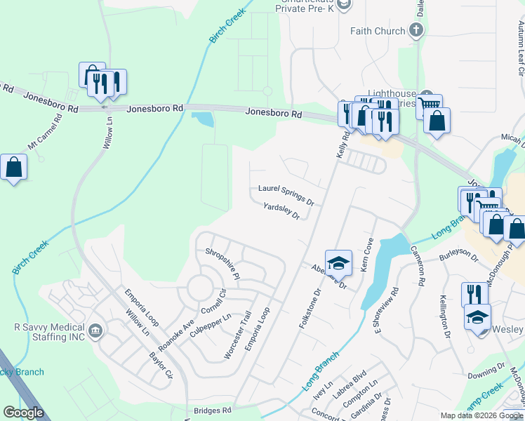 map of restaurants, bars, coffee shops, grocery stores, and more near 234 Yardsley Drive in McDonough