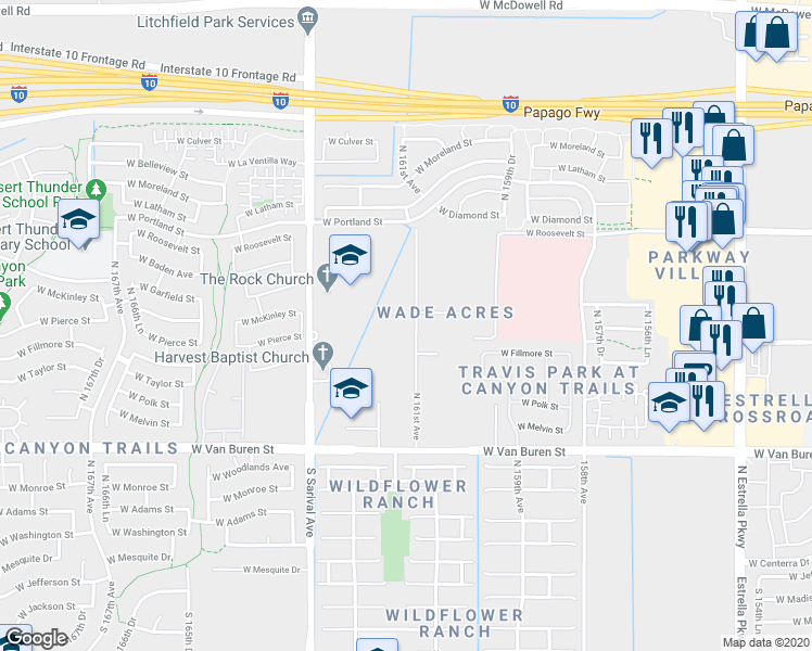 map of restaurants, bars, coffee shops, grocery stores, and more near 670 North 161st Avenue in Goodyear