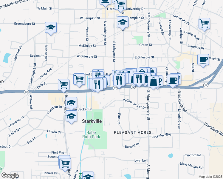 map of restaurants, bars, coffee shops, grocery stores, and more near 106 Mississippi 12 in Starkville
