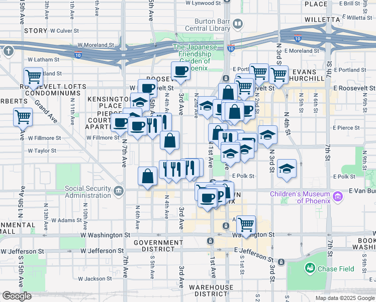 map of restaurants, bars, coffee shops, grocery stores, and more near 390 North 2nd Avenue in Phoenix