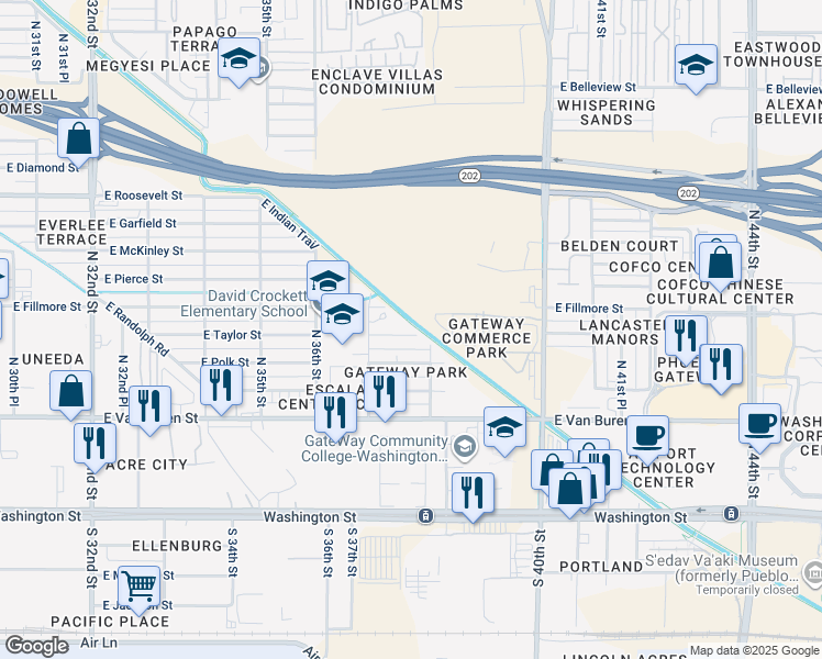 map of restaurants, bars, coffee shops, grocery stores, and more near 3740 East Fillmore Street in Phoenix