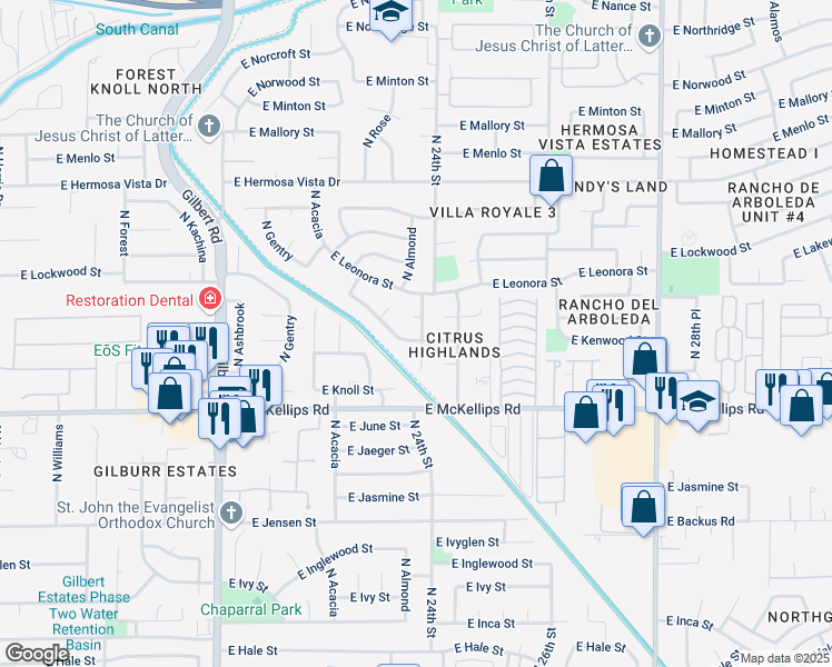 map of restaurants, bars, coffee shops, grocery stores, and more near 2357 East Kael Circle in Mesa