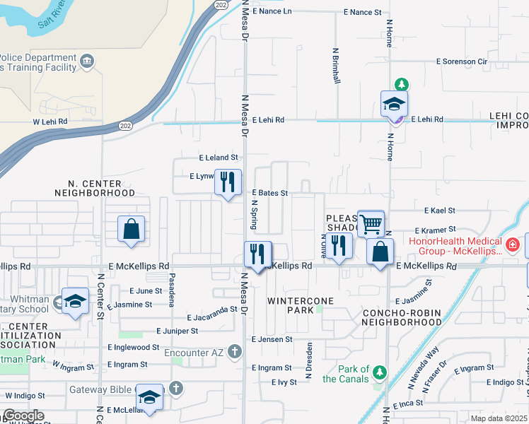 map of restaurants, bars, coffee shops, grocery stores, and more near 2144 North Silverton Street in Mesa