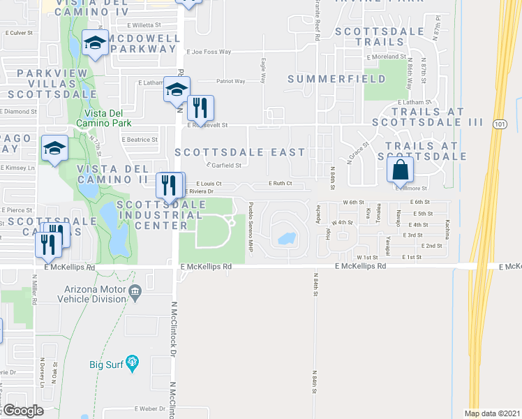 map of restaurants, bars, coffee shops, grocery stores, and more near 8350 East McKellips Road in Scottsdale