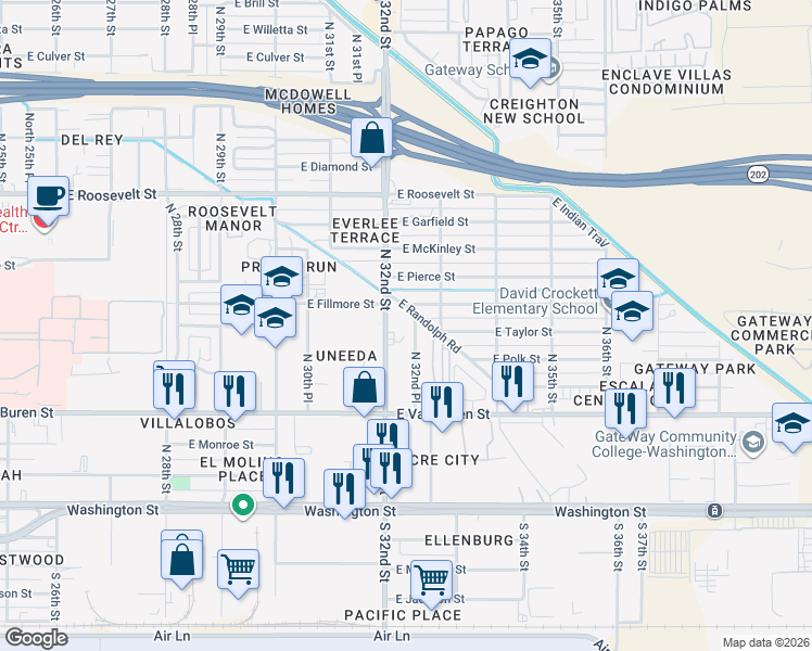 map of restaurants, bars, coffee shops, grocery stores, and more near 525 North 32nd Street in Phoenix