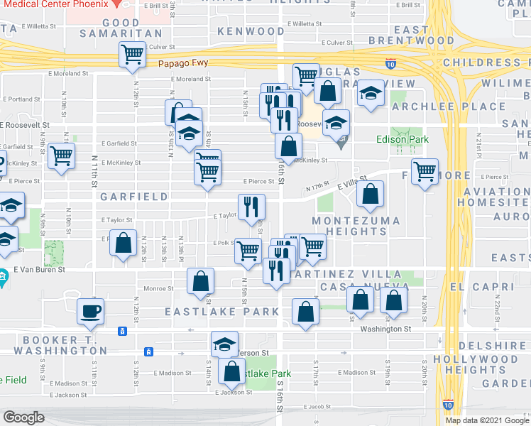 map of restaurants, bars, coffee shops, grocery stores, and more near 1509 East Fillmore Street in Phoenix