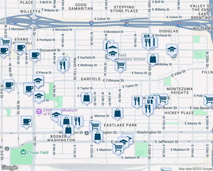 map of restaurants, bars, coffee shops, grocery stores, and more near 1243 East Fillmore Street in Phoenix
