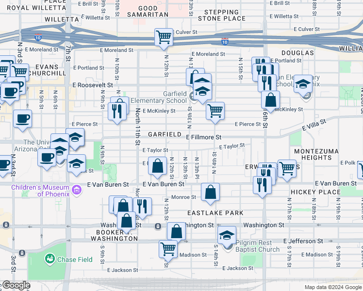 map of restaurants, bars, coffee shops, grocery stores, and more near 1243 East Fillmore Street in Phoenix