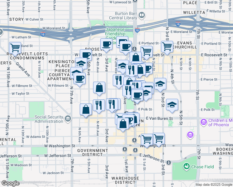 map of restaurants, bars, coffee shops, grocery stores, and more near 390 North 2nd Avenue in Phoenix