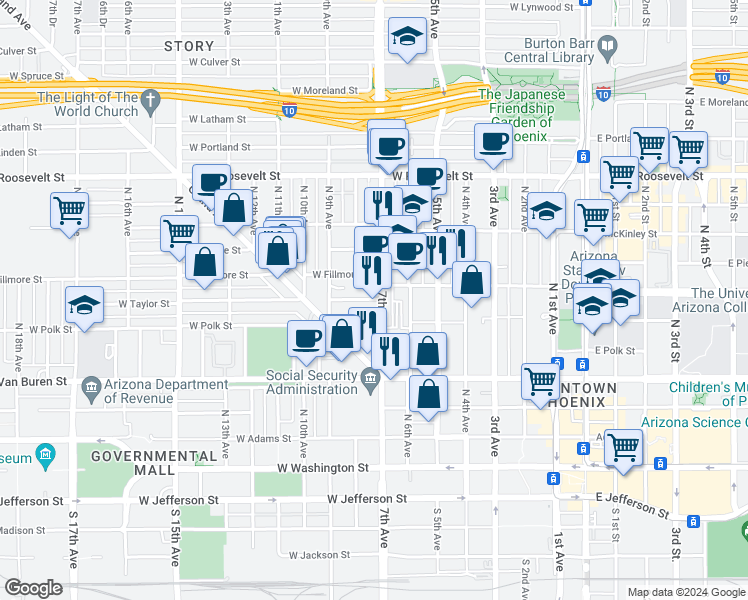 map of restaurants, bars, coffee shops, grocery stores, and more near 712 West Taylor Street in Phoenix