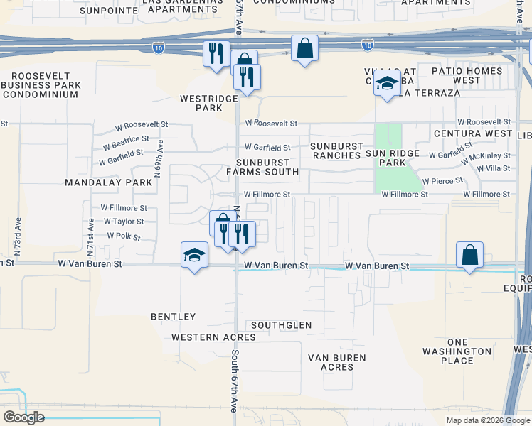 map of restaurants, bars, coffee shops, grocery stores, and more near 6608 West Johnson Street in Phoenix