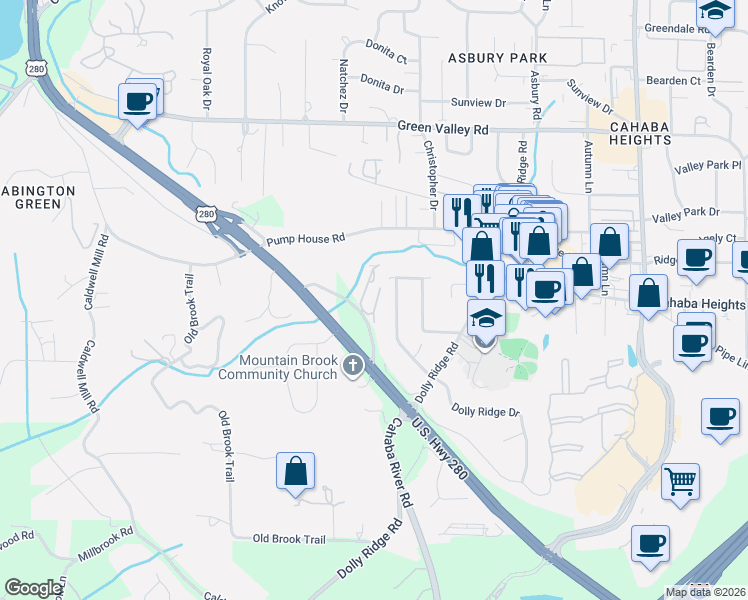 map of restaurants, bars, coffee shops, grocery stores, and more near 3003 Dolly Ridge Drive in Vestavia Hills