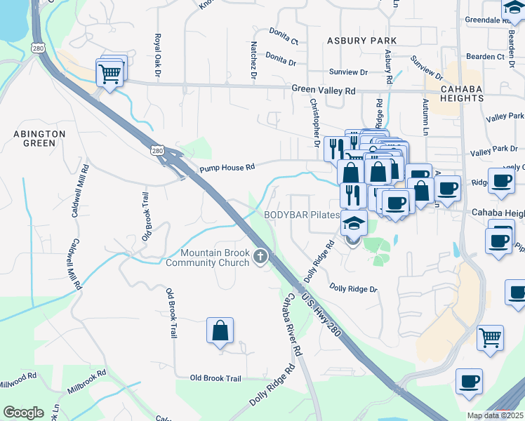 map of restaurants, bars, coffee shops, grocery stores, and more near 124 West Green in Vestavia Hills