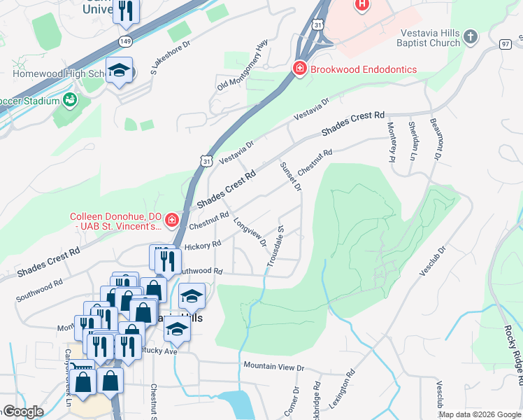 map of restaurants, bars, coffee shops, grocery stores, and more near 2117 Chestnut Road in Vestavia Hills