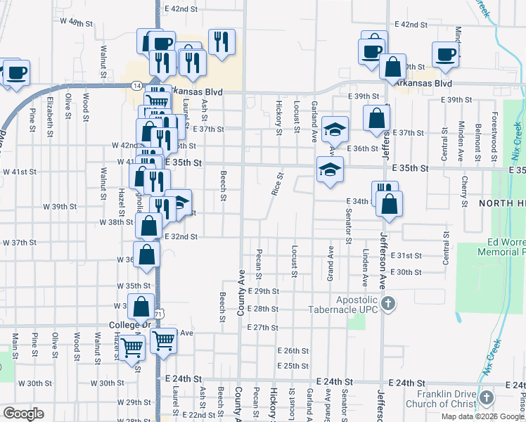 map of restaurants, bars, coffee shops, grocery stores, and more near 3307 Rice Street in Texarkana