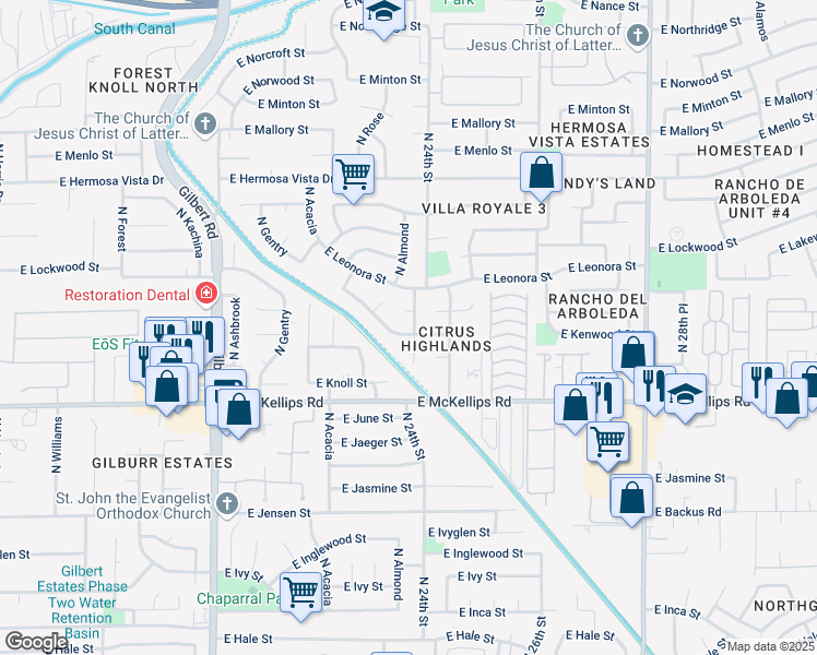 map of restaurants, bars, coffee shops, grocery stores, and more near 2357 East Kael Circle in Mesa