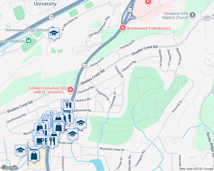 map of restaurants, bars, coffee shops, grocery stores, and more near 2117 Chestnut Road in Vestavia Hills