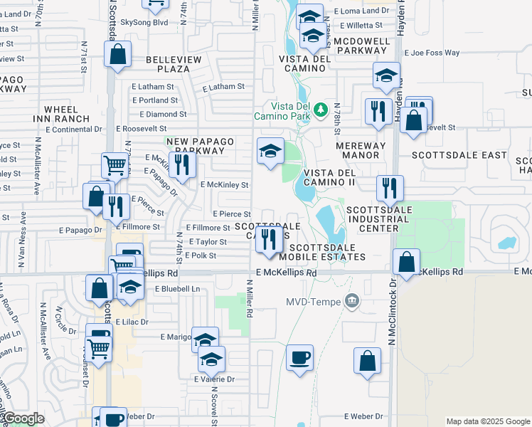 map of restaurants, bars, coffee shops, grocery stores, and more near 525 North Miller Road in Scottsdale