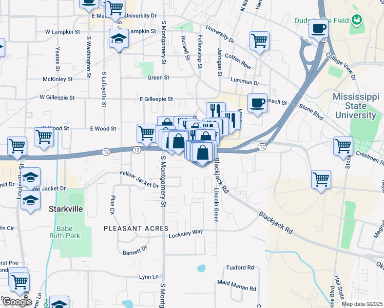 map of restaurants, bars, coffee shops, grocery stores, and more near 600 Mississippi 12 in Starkville