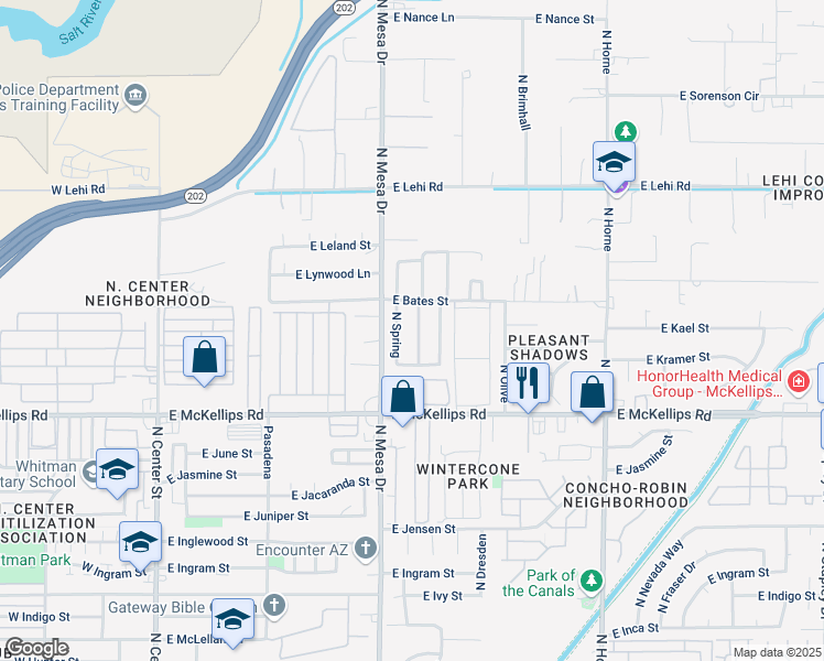 map of restaurants, bars, coffee shops, grocery stores, and more near 2144 North Silverton Street in Mesa