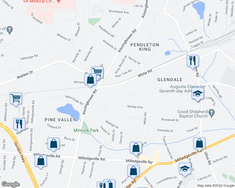 map of restaurants, bars, coffee shops, grocery stores, and more near 2266 White Road in Augusta