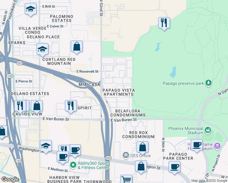 map of restaurants, bars, coffee shops, grocery stores, and more near 600 North 53rd Street in Phoenix