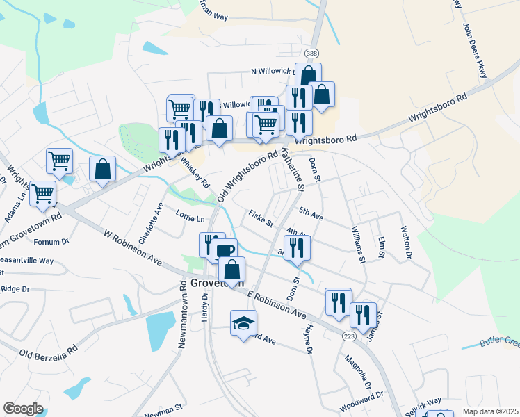 map of restaurants, bars, coffee shops, grocery stores, and more near 101 Booker Street in Grovetown