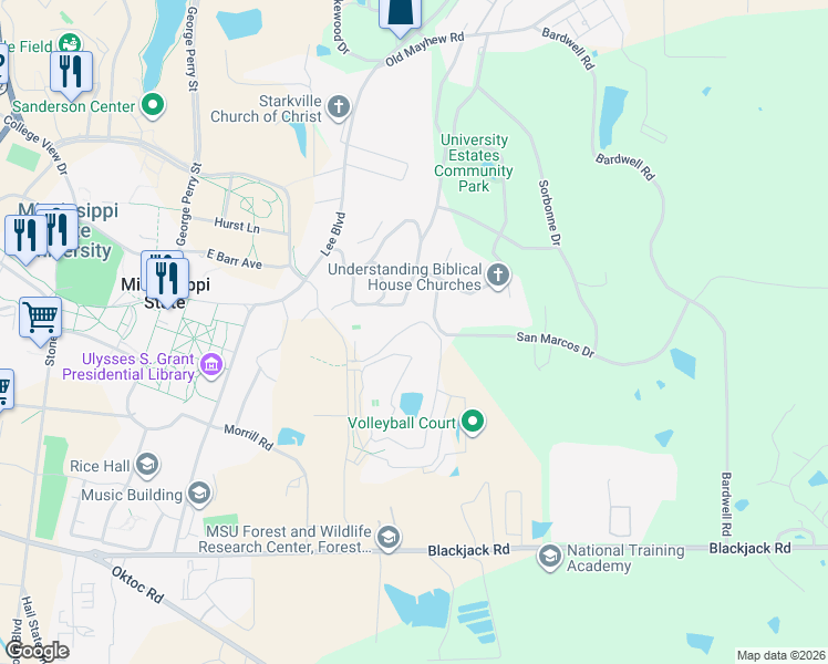 map of restaurants, bars, coffee shops, grocery stores, and more near Misty Lee Lane in Starkville