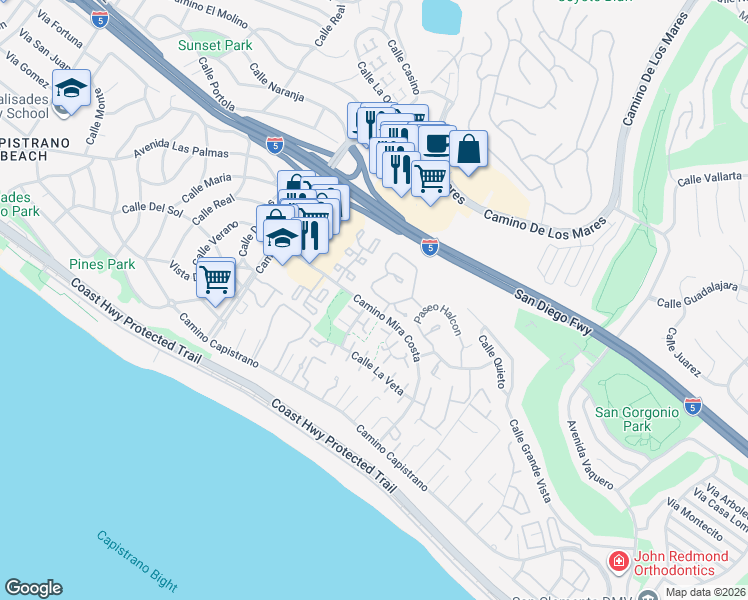map of restaurants, bars, coffee shops, grocery stores, and more near 3429 Paseo Flamenco in San Clemente