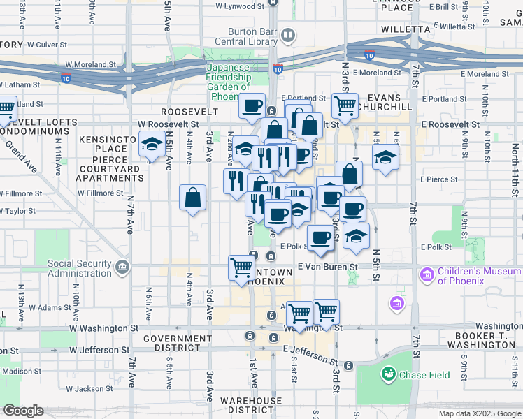 map of restaurants, bars, coffee shops, grocery stores, and more near 522 North Central Avenue in Phoenix