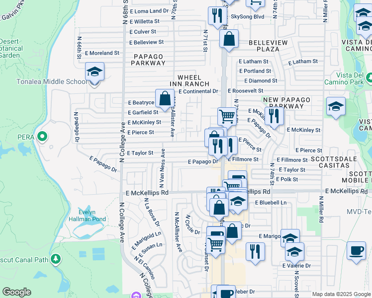 map of restaurants, bars, coffee shops, grocery stores, and more near 607 East Fillmore Street in Tempe