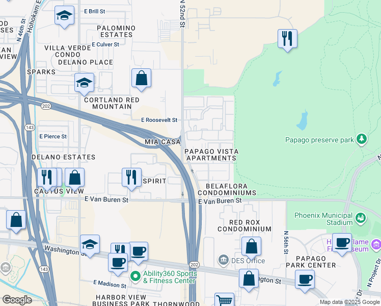 map of restaurants, bars, coffee shops, grocery stores, and more near 525 North 52nd Street in Phoenix
