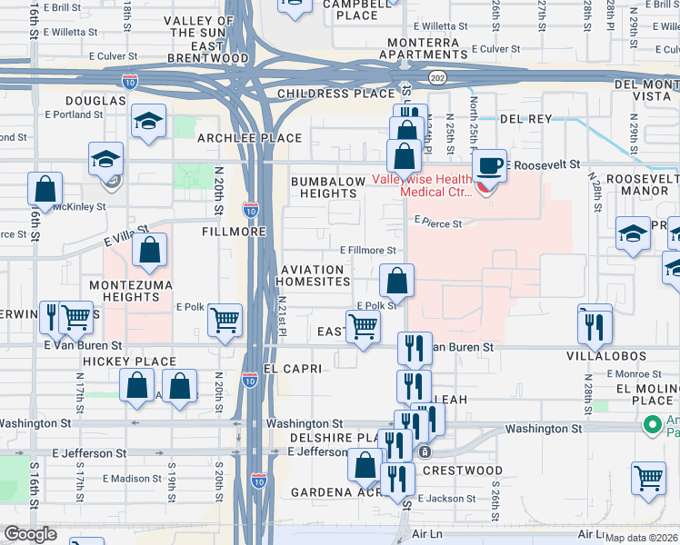map of restaurants, bars, coffee shops, grocery stores, and more near 2228 East Taylor Street in Phoenix