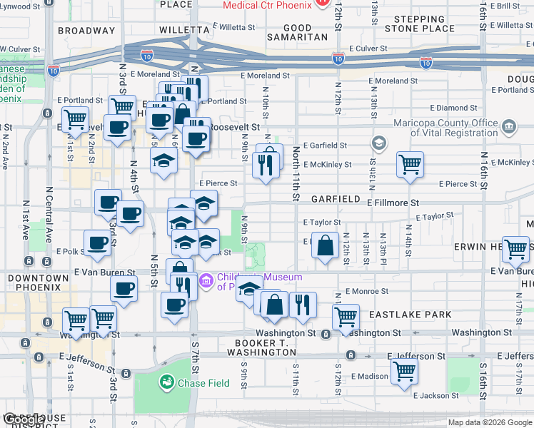 map of restaurants, bars, coffee shops, grocery stores, and more near 513 North 10th Street in Phoenix