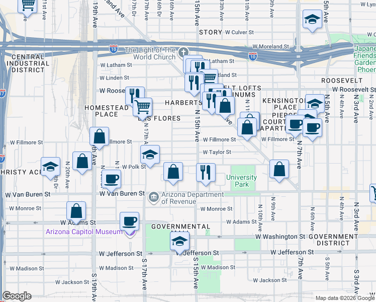 map of restaurants, bars, coffee shops, grocery stores, and more near 1514 West Taylor Street in Phoenix