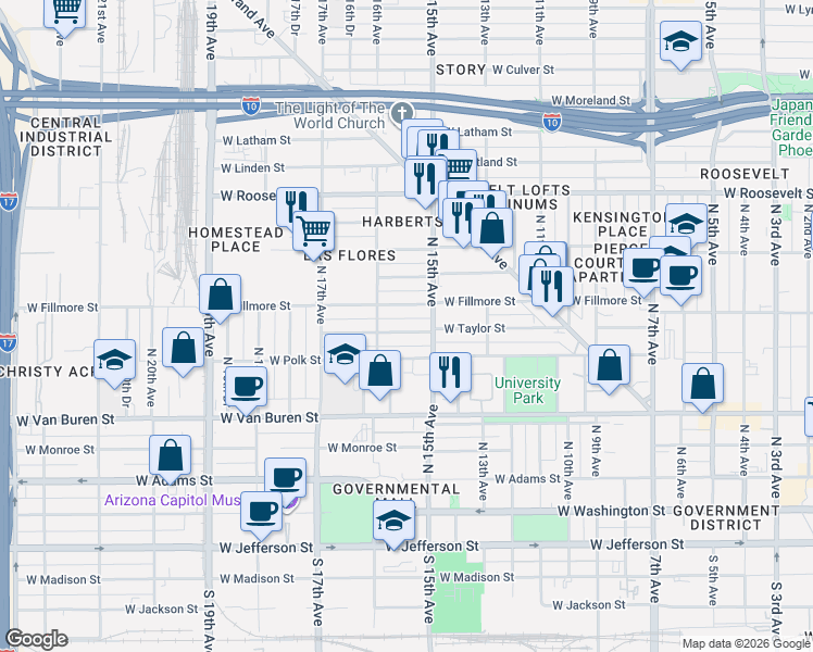 map of restaurants, bars, coffee shops, grocery stores, and more near 1514 West Taylor Street in Phoenix