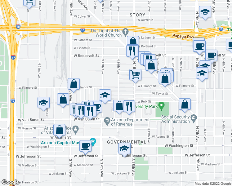 map of restaurants, bars, coffee shops, grocery stores, and more near 505 North 16th Avenue in Phoenix