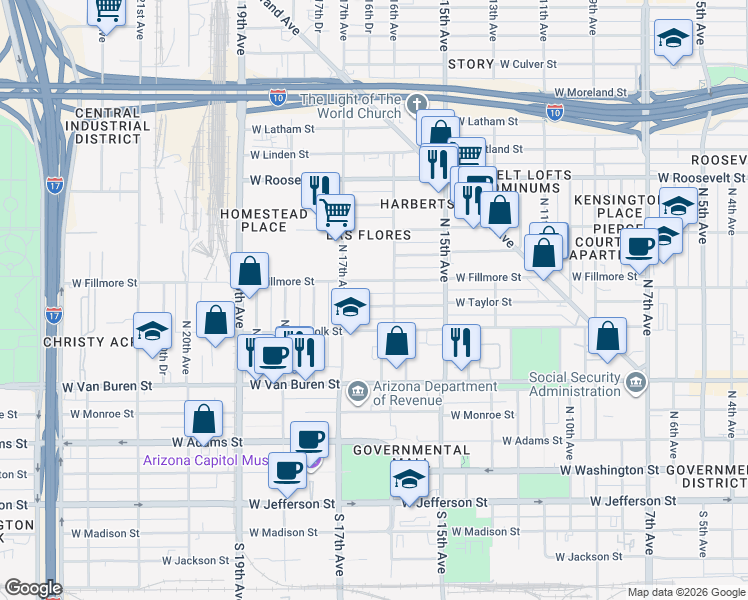 map of restaurants, bars, coffee shops, grocery stores, and more near in Phoenix