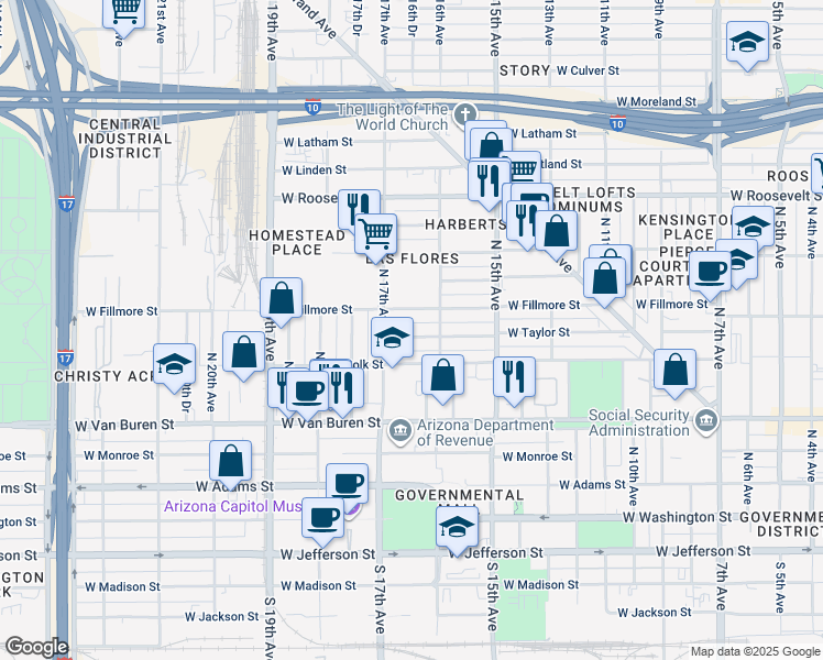 map of restaurants, bars, coffee shops, grocery stores, and more near in Phoenix