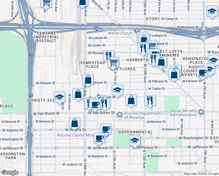 map of restaurants, bars, coffee shops, grocery stores, and more near in Phoenix