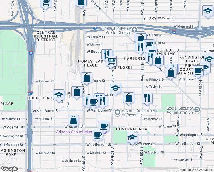 map of restaurants, bars, coffee shops, grocery stores, and more near in Phoenix