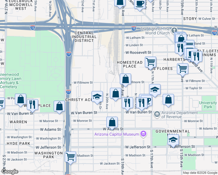 map of restaurants, bars, coffee shops, grocery stores, and more near 438 North 20th Avenue in Phoenix