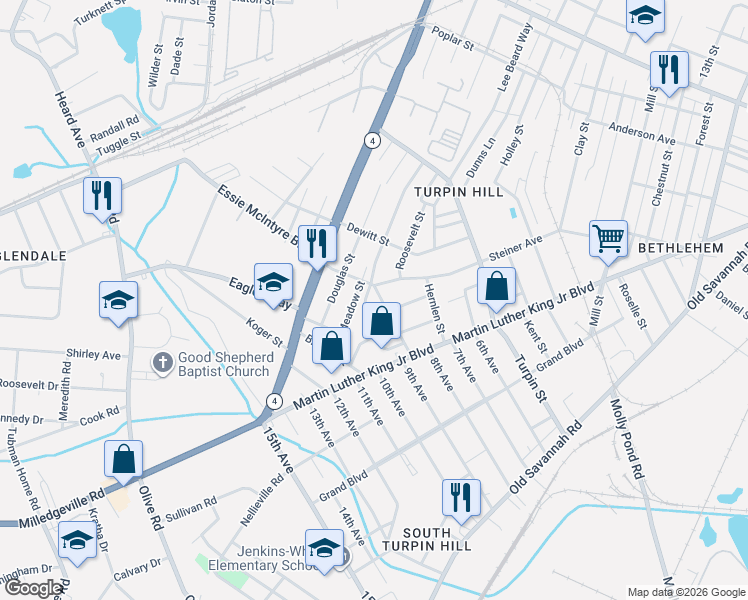 map of restaurants, bars, coffee shops, grocery stores, and more near 2034 Steiner Avenue in Augusta